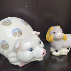 Adorable ceramic pig and lamb coin banks sold as a pair