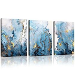 SERIMINO® Large Abstract Canvas Wall Art for Living Room, Wall Decor for Bedroom, Blue Gold Marbling Pictures 24x16 Inch
