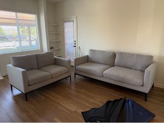 Apperson Living Room Set by Coastal Two Sofas Grey Fabric Black metal legs