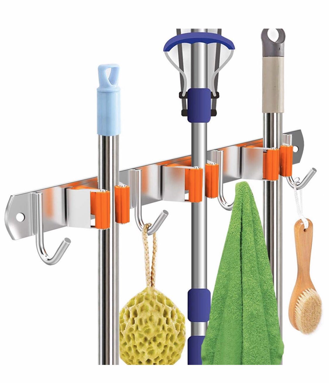 Broom Holder Wall Mounted, 5 Position with 6 Hooks Garage Pantry Organizer