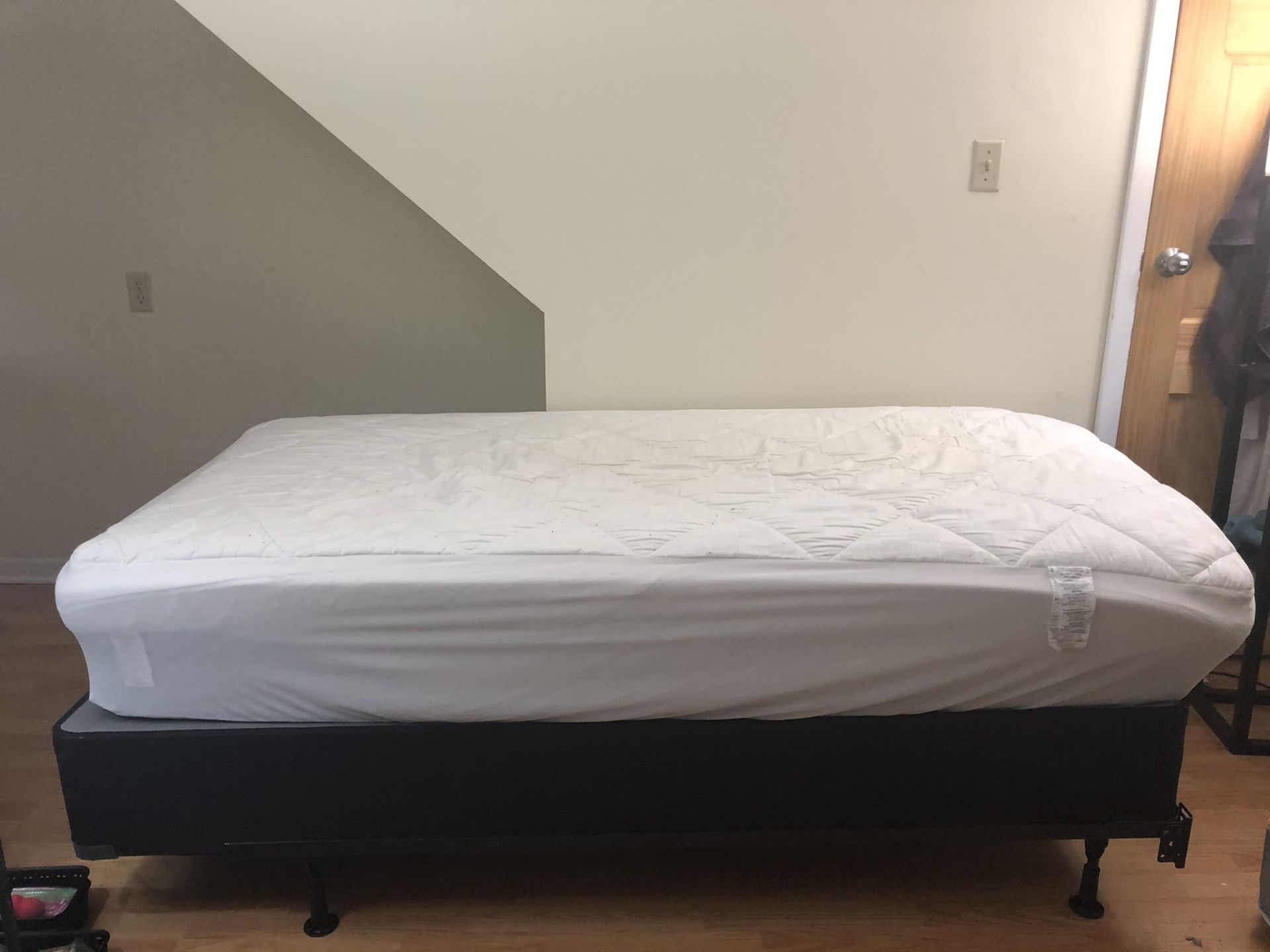 Twin mattress + box spring + bed frame + mattress topper and protector