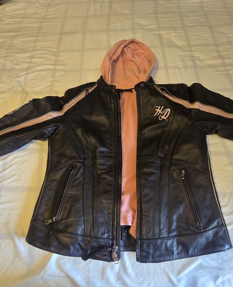 Harley Davidson Women's Pink City Lights Black Leather 3in1 Jacket  MEDIUM 