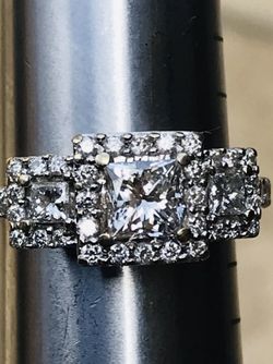 1.50 Carat t.w. 3 Stones Princess Cut Halo Diamond Ring, 14K WG, Price is Firm, No Offers Please!