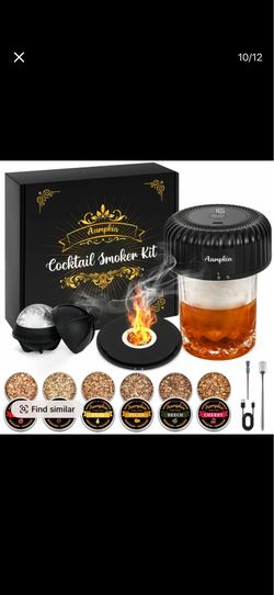 Portable Black Indoor Electric Cocktail Whiskey Smoker Kit - Rechargeable Built-in Lighter (No Butane), LED Light, 6 Wood Chips, Bourbon Gift for Men