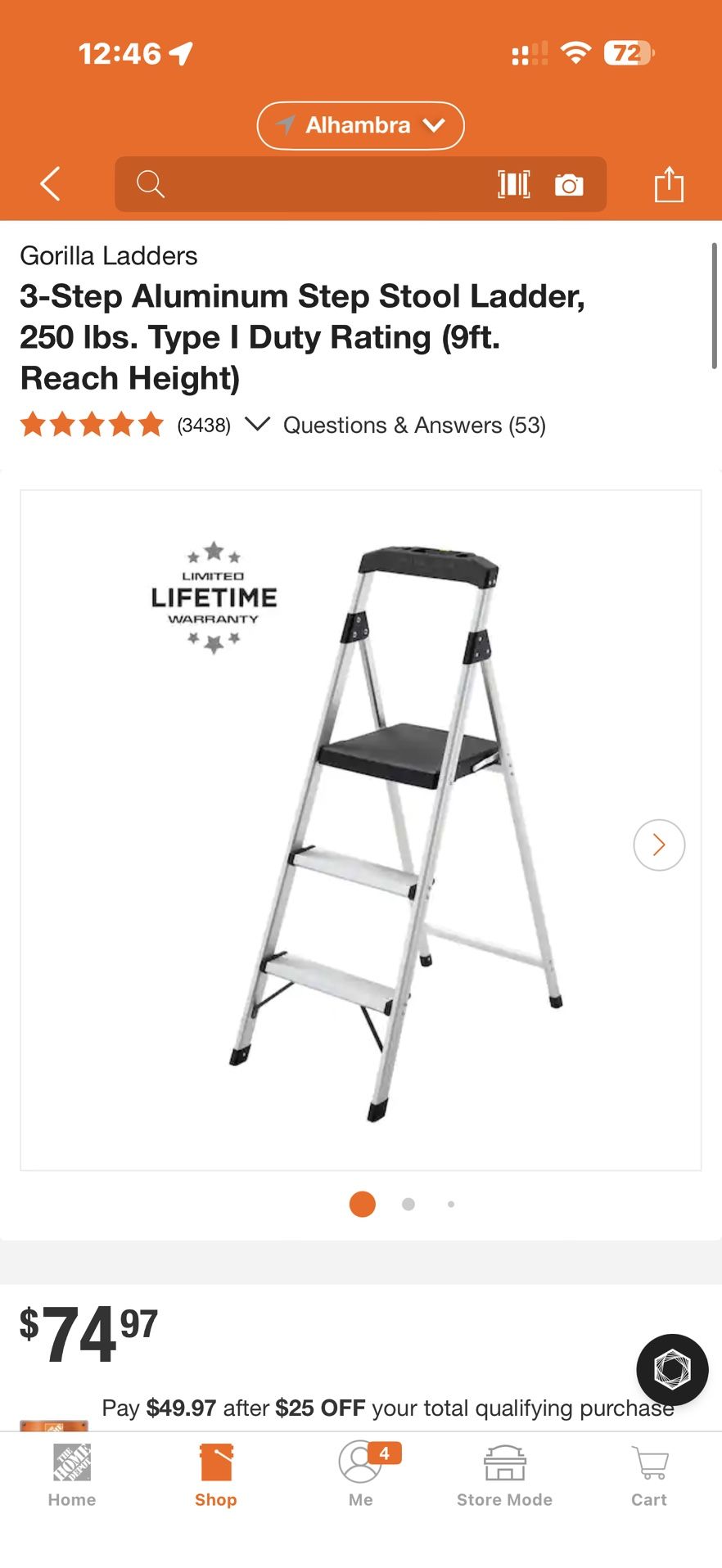 Gorilla Ladders 3-Step Aluminum Step Stool Ladder, 250 lbs. Type I Duty Rating (9ft. Reach Height)