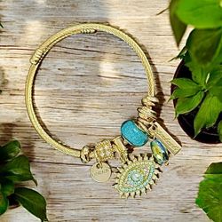 Stainless Steel Gold Evil Eye Adjustable Charm Bracelet by Wicked Tender - Blue
