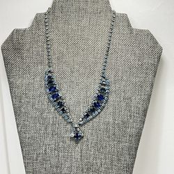  Vintage Royal Blue and Light Blue Rhinestones Necklace 16”