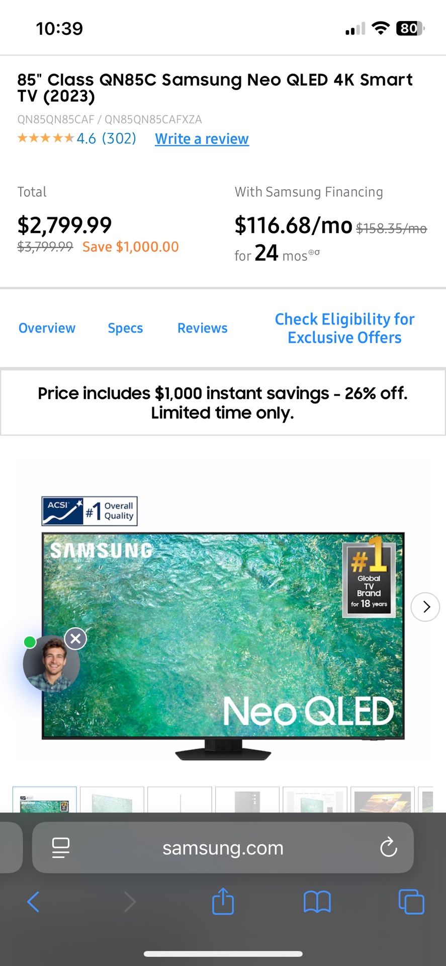 75 Inch Samsung TV for Parts (model QN85C)