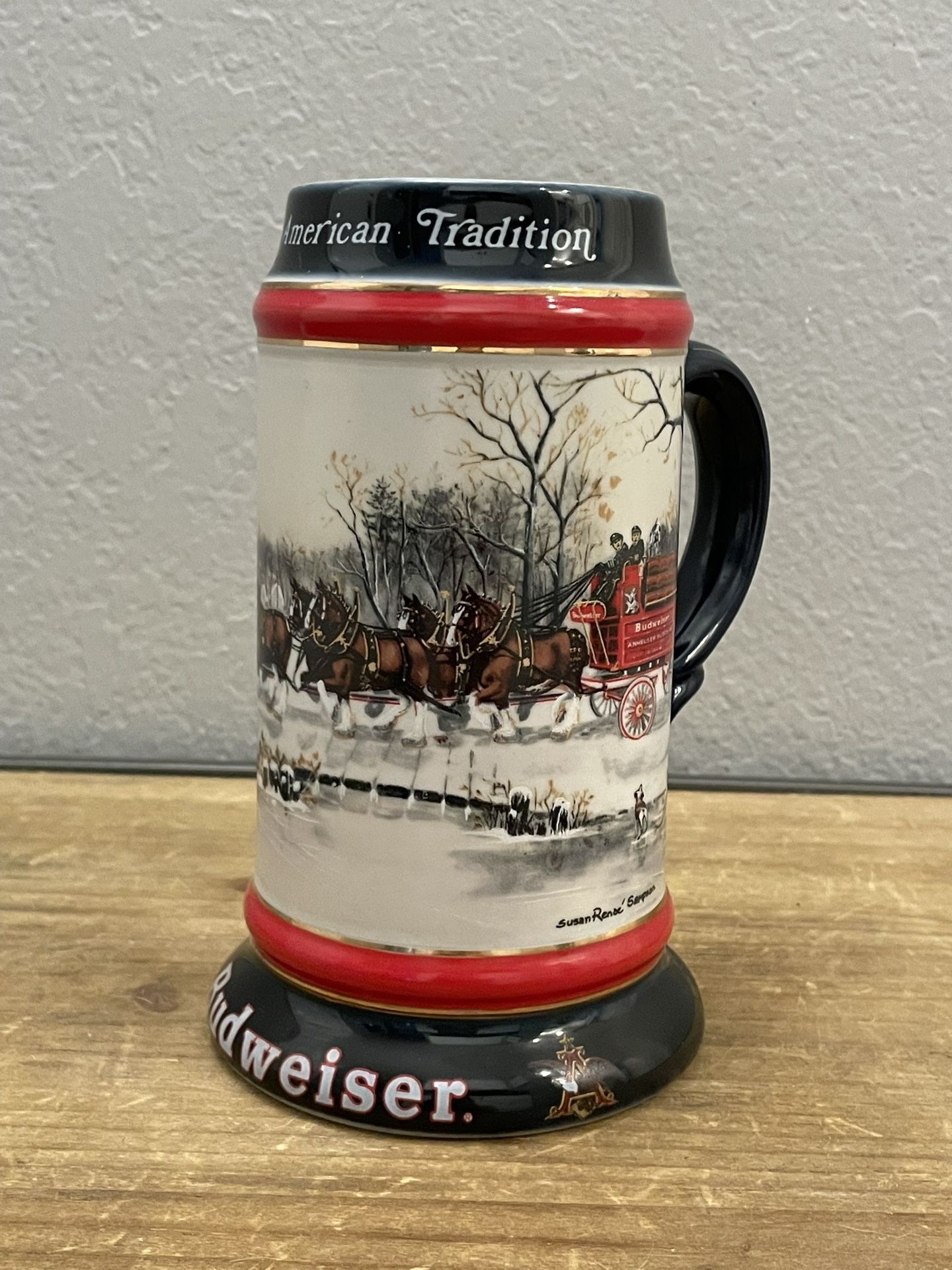 1990 Budweiser Holiday Beer Stein Mug "An American Tradition" Clydesdale Horses