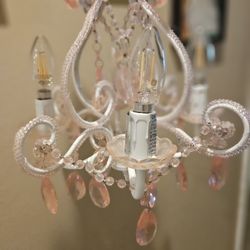 White Hardware Chandelier With Pink Crystals