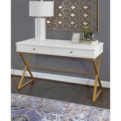 Modern 2-Drawer Wood/Metal Desk in White/Gold $100,