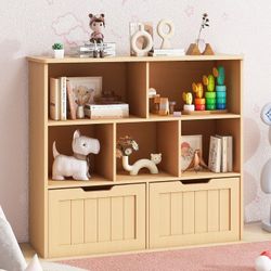 Toy Storage Organizer with Bookshelf, Large Toy Organizers and 2 Movable Drawers with Hidden Wheels and 5 Storage Cubbies, Kids Bookshelf and Toy Stor