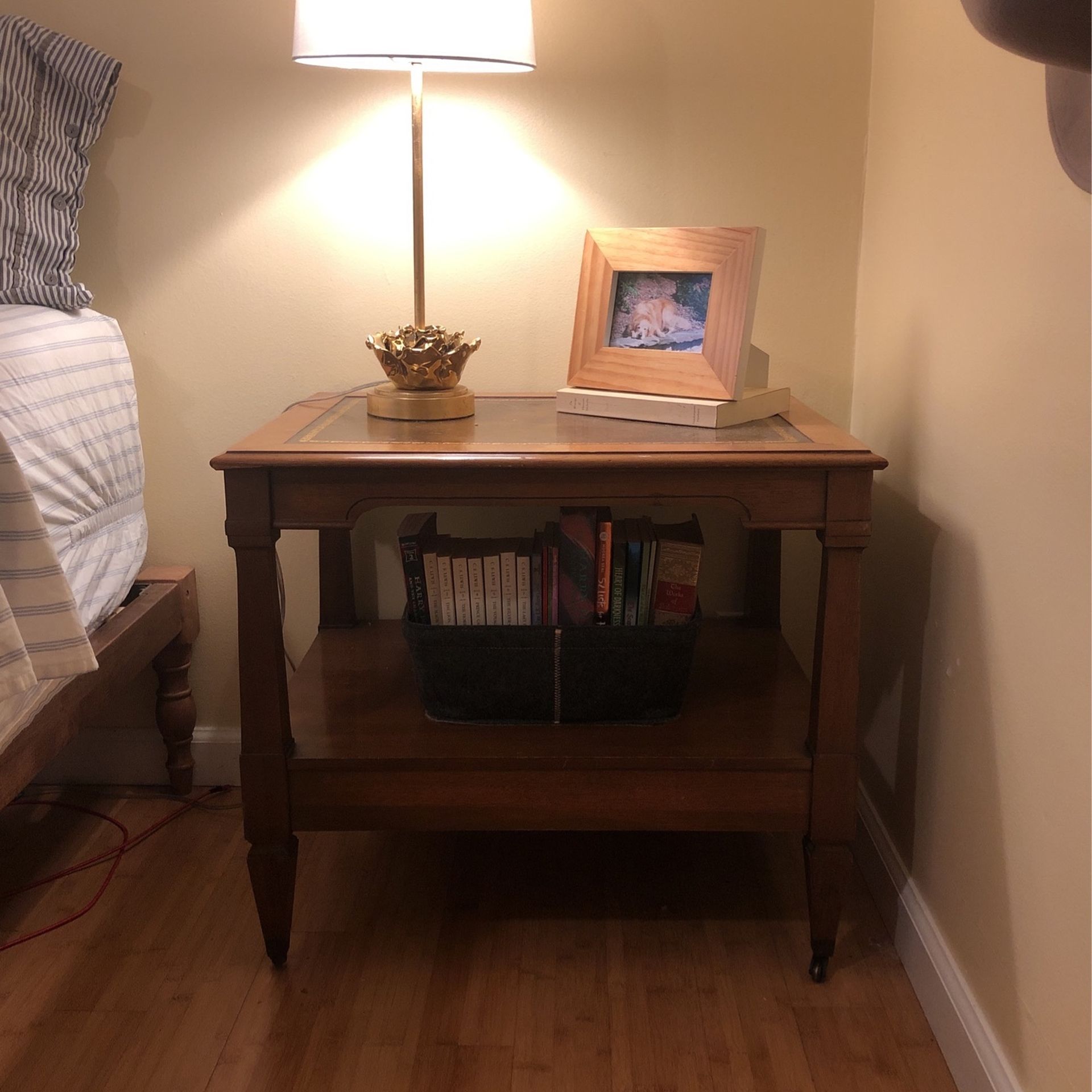 Vintage Leather Top Wood End Table