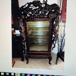 ANTIQUE HAND CARVER LIGHTED CURIO CABINET DRAGON MOTIF-2 SHELVES