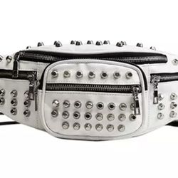 Unisex Belt Bag Cross Body Fanny Pack Rivets White