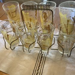 Vintage MCM Marine Life Gold Collins Glassware With Caddy