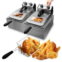 WantJoin 12L/12QT Commercial Deep Fryer with Glass Window - Stainless Steel Dual Tank Electric Tabletop Deep Fryer with 2 Baskets & Lids Countertop Ki