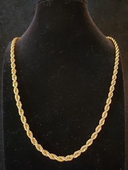 $25. 24-karat gold-plated rope chain necklace. Excellent condition. No fading. 24 in. About 1/4 inch thick. Marked "24KGP"