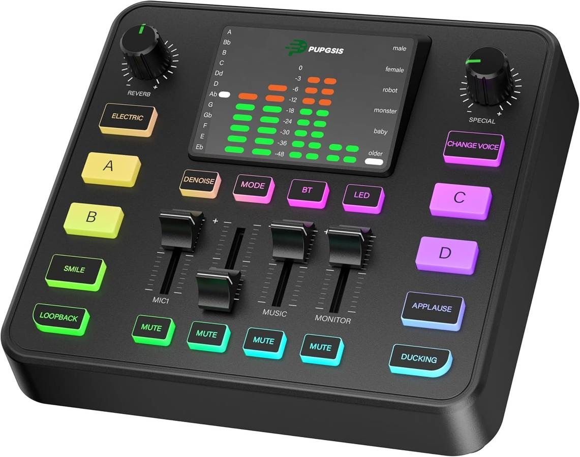 new Gaming Audio Mixer, Audio Interface, Sound Board With Pro-Preamp, Noise Cancellation, RGB, Bluetooth, Volume Fader For Streaming/Podcasting/Gaming