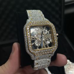 Moissanite Bustdown Watch Two Tone Skeleton