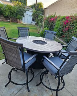 High Patio table fire pit and 6 swivel chairs/Outdoor Dining Set/Outdoor Furniture/Cash Only