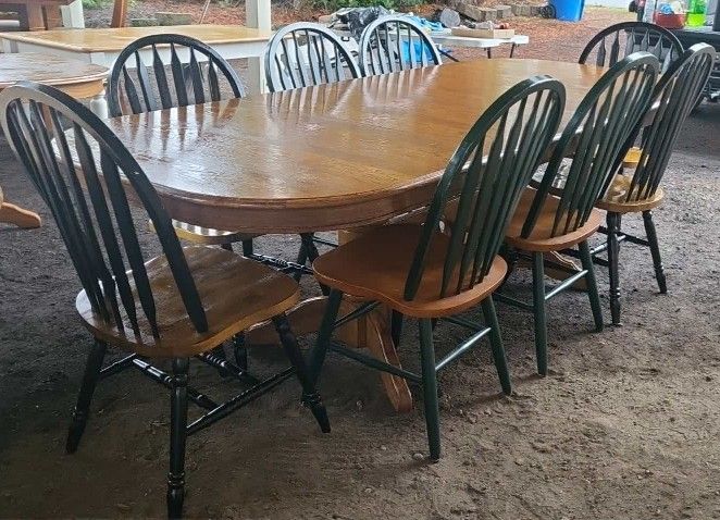 Long Oak Dining Table And Chairs(9) Double Leaf/ 8 Foot Table/Farmhouse/Country/Rustic/Western/Shabby/Distressed/Rare/Double Pedestal/Heavy Wood