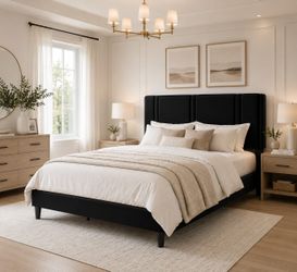 King bed Size Platform Bed Frame with Adjustable Headboard, Plush Velvet Upholstered, Vertical Channel Tufted, Sturdy Wooden Slats, No Box Spring Need