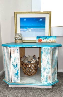 Coastal Refinished Hexagon End Table - Turquoise & White Distressed Beach Side Table