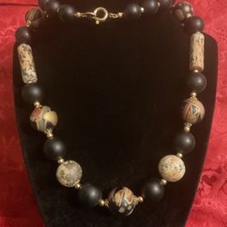 24” Vintage Unique Wooden Hand Painted Necklace With Gold Beads.
