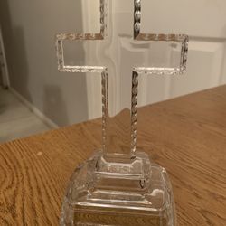 Vintage Crystal Glass Cross Statue Figurine Christian 7” God Loves U & So Do I