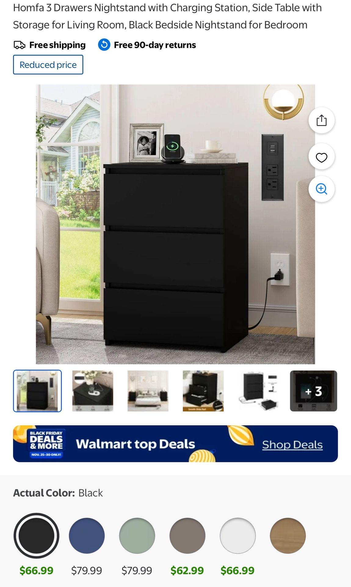 Homfa 3 Drawers Nightstand with Charging Station, Side Table with Storage for Living Room, Black Bedside Nightstand for Bedroom