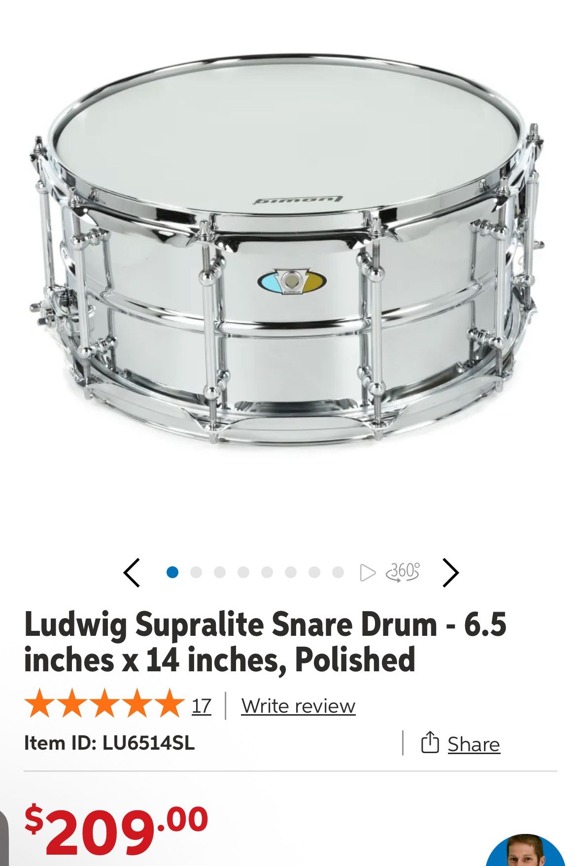 Ludwig Supralite Snare Drum - 6.5 inches x 14 inches, Polished