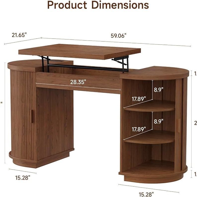 59 Inches Office Desk with Lift Top, Fluted Executive Desk Walnut Home ...