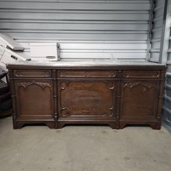  Carved Wood Executive DESK, Side Cabinet, Two Highback Wood And Upholstered Chais