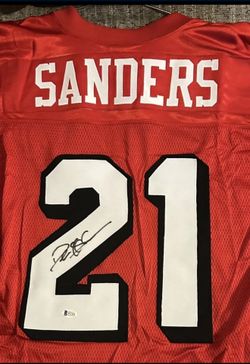 Deion Sanders San Francisco 49ers Signed Jersey Beckett Authenticated 1994 Super Bowl Year (75th Anniversary Year  Patch)