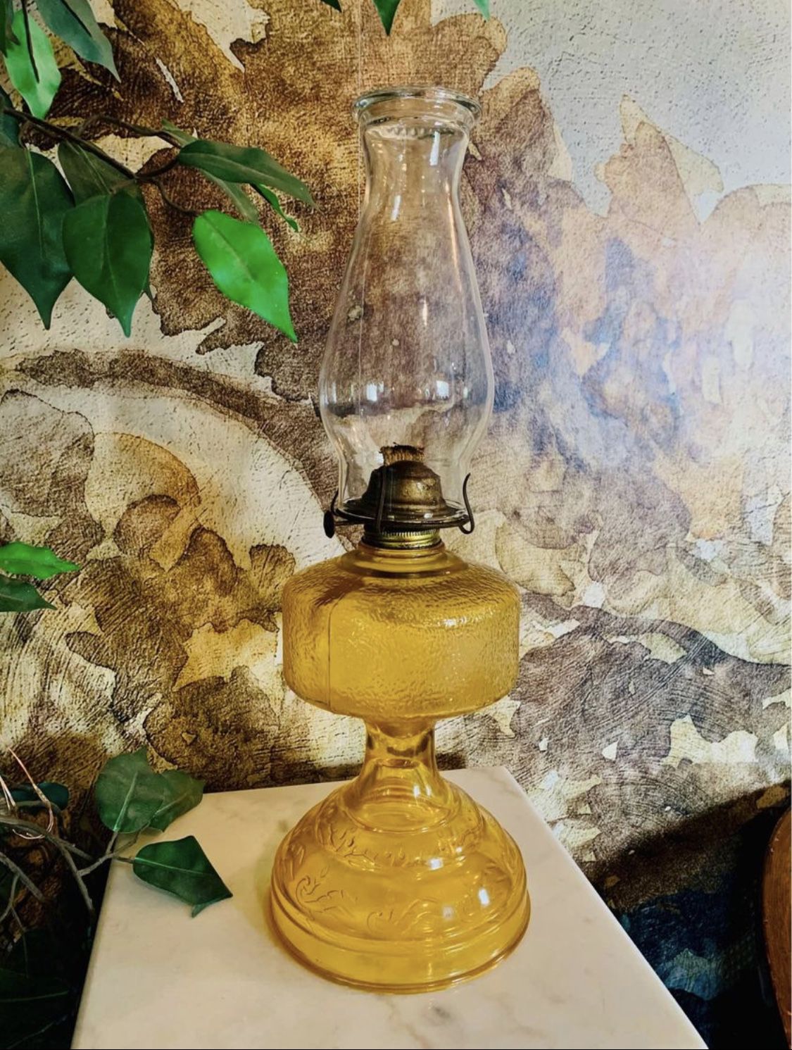 Rare Vintage 1955 P&A Risdon Yellow Amber Glass Oil Lamp Base and Hurricane Shade Retro Home