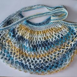 Handmade Crochet Market Bag Reusable Mesh Boho 100% Cotton Yellow Blue White