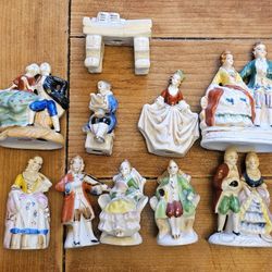 10pc Lot Hand Painted Porcelain Victorian Figurines with Gold Accent Made in Occupied Japan  (as is)