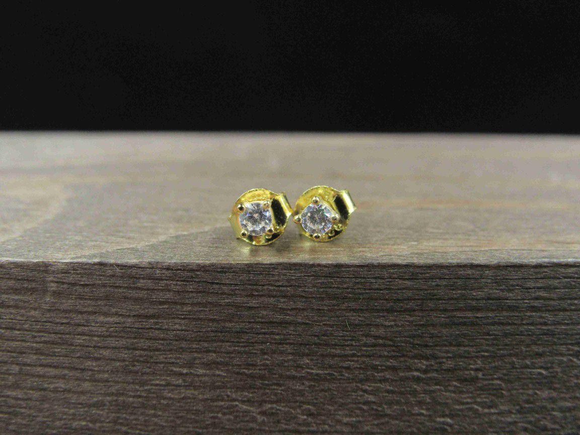 Sterling Silver Gold Plated Tiny CZ Stud Earrings Vintage Wedding Engagement Anniversary Beautiful Everyday Minimalist Cute Sexy