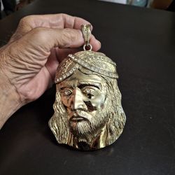 Goldtone Finish Large Jesus Pendant Adorned With Rhinestones 4.5" X 3.5"