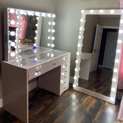 Makeup Vanity PINK Glass Top Bluetooth Mirror Price includes delivery and assembly Full Dody  is separately Financing Available 