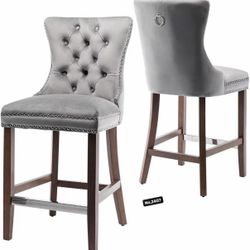 Counter Height Bar Stools Set of 2, 27" Wingback Velvet Bar Stools with Button Back and Nailhead Trim, Upholstered Bar Chairs with Wooden Legs ,Bright