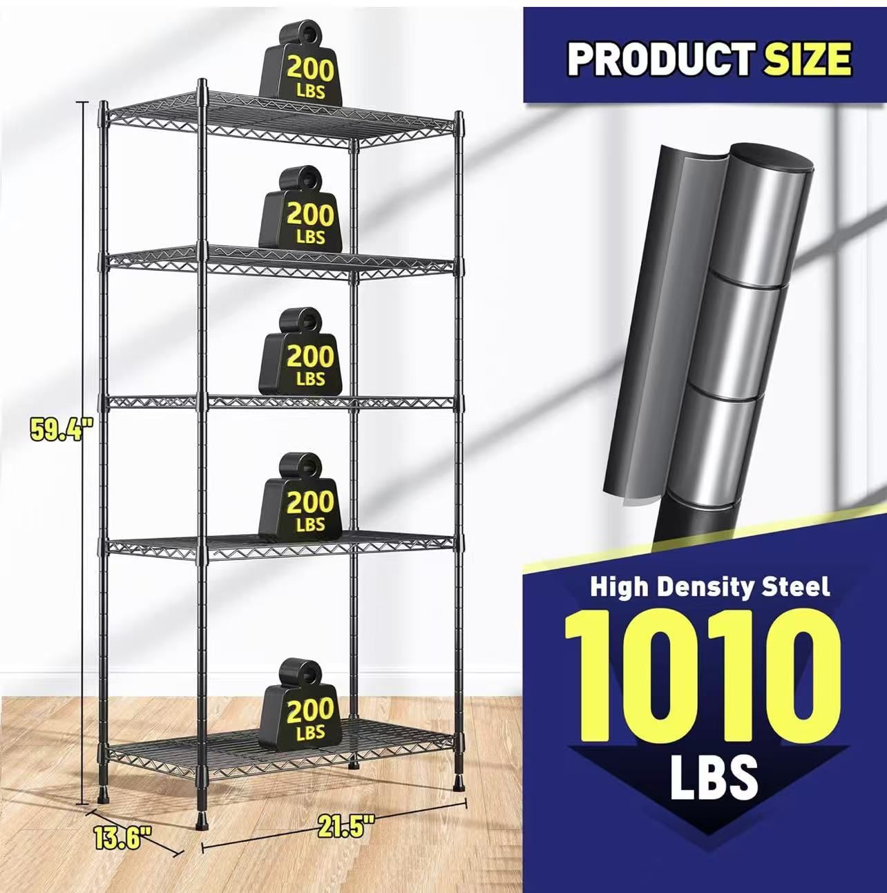 ✌️ 5-Tier 13.6"Dx21.5" Wx59.4"H Storage Shelves 1010LBS Wire Shelving Unit Adjustable Metal Shelving Pantry Shelves Sturdy Steel Commercial Shelf