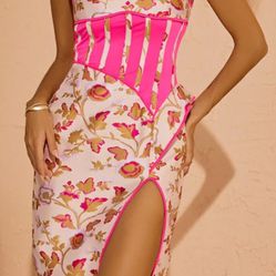 Beautiful Pink Accented Floral Party Dress 