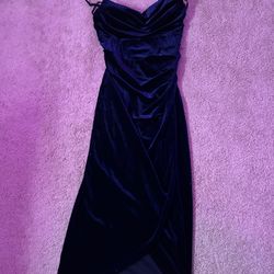 Windsor velvet navy blue corset dress, leg slit, size large