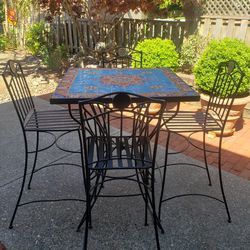 Outdoor Tile Mosaic Bistro Table Top With Metal Legs  & 4 Chairs