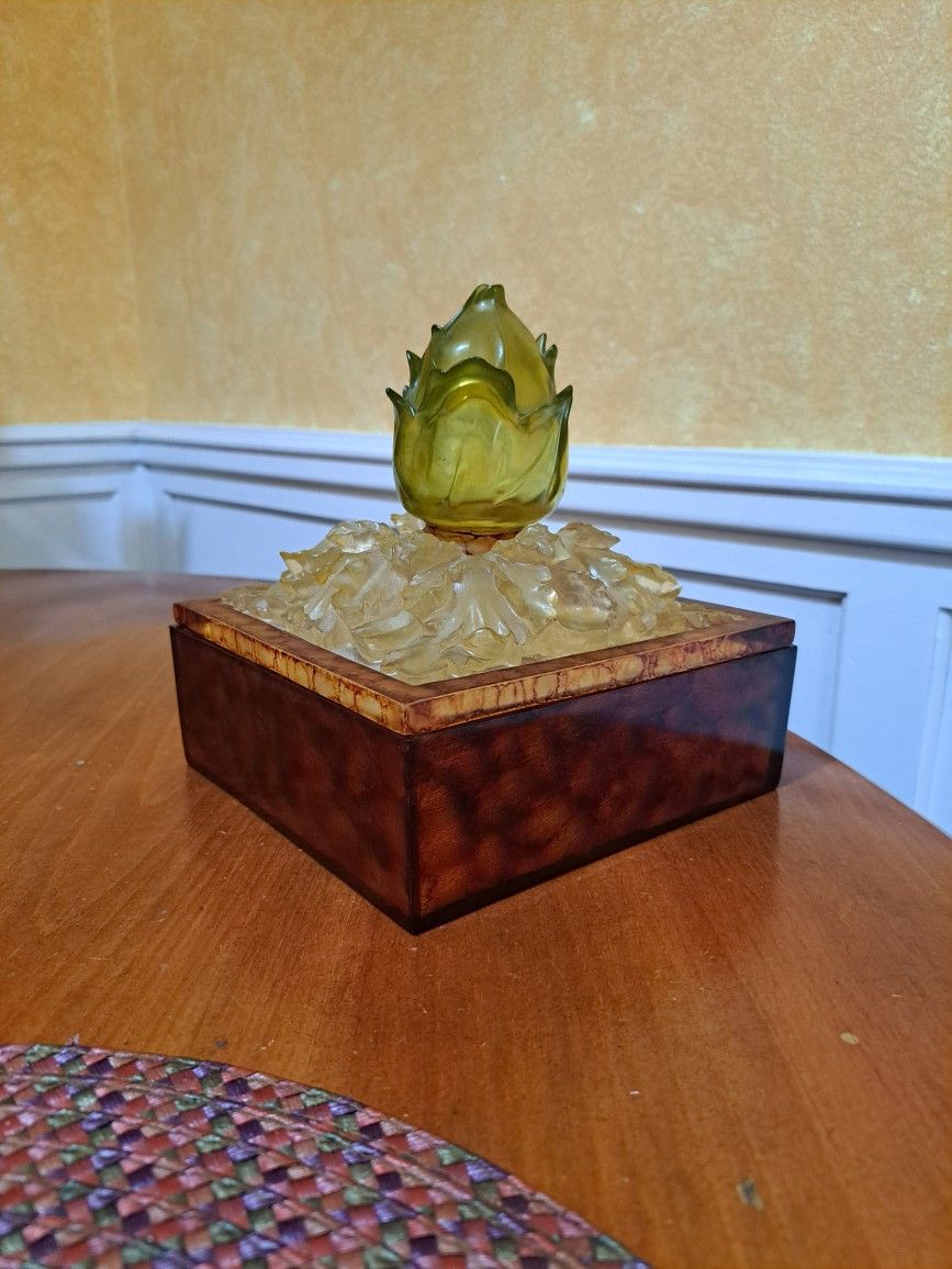 Brown acrylic box with lid 6 1/2 in square by 7 1/2 in tall.