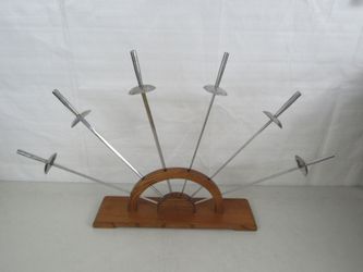 Vintage Stainless Steel Shish Kabob Swords 6 Piece Set & Wooden Stand