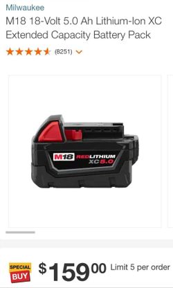 Milwaukee M18 18-Volt 5.0 Ah Lithium-Ion XC Extended Capacity Battery Pack
