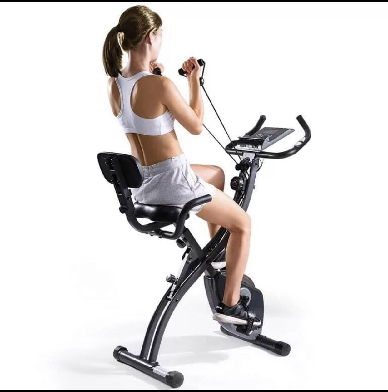 3-in-1 Exercise Bike Quiet Folding Magnetic Stationary Exercise Bikes with Arm Resistance Bands Home Workout Use